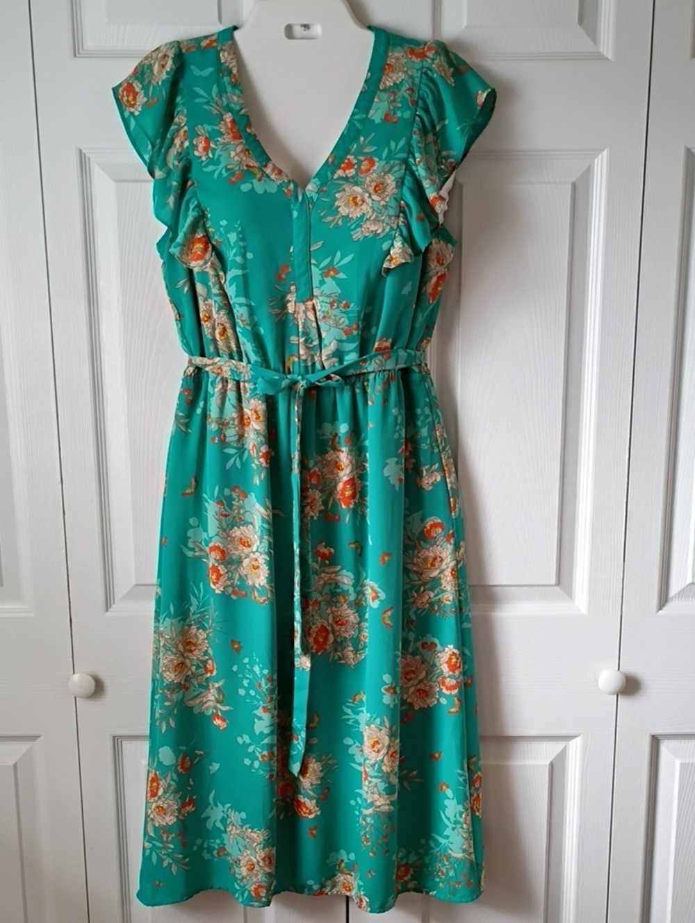 DR2 Teal Floral Midi Dress with Tie Waist